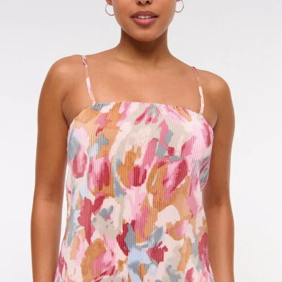 NWT A&F Giselle Pleat Release Satin Midi Dress Pink Pattern Multicolor Medium - Picture 3 of 15